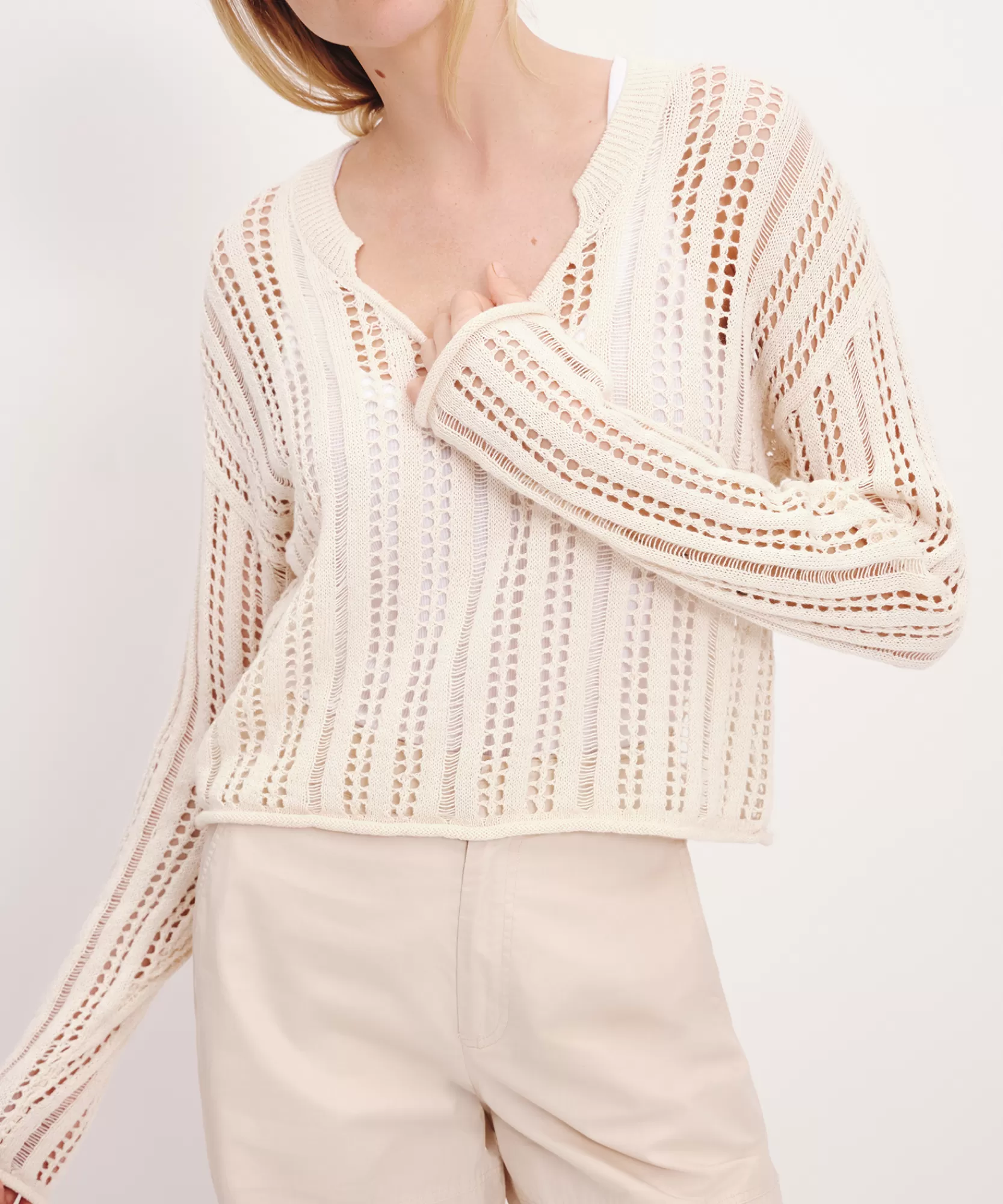 Women ATM Anthony Thomas Melillo Sweats | Sweaters & Cardigans | Cotton Linen Blend Open Knit V-Neck Sweater -