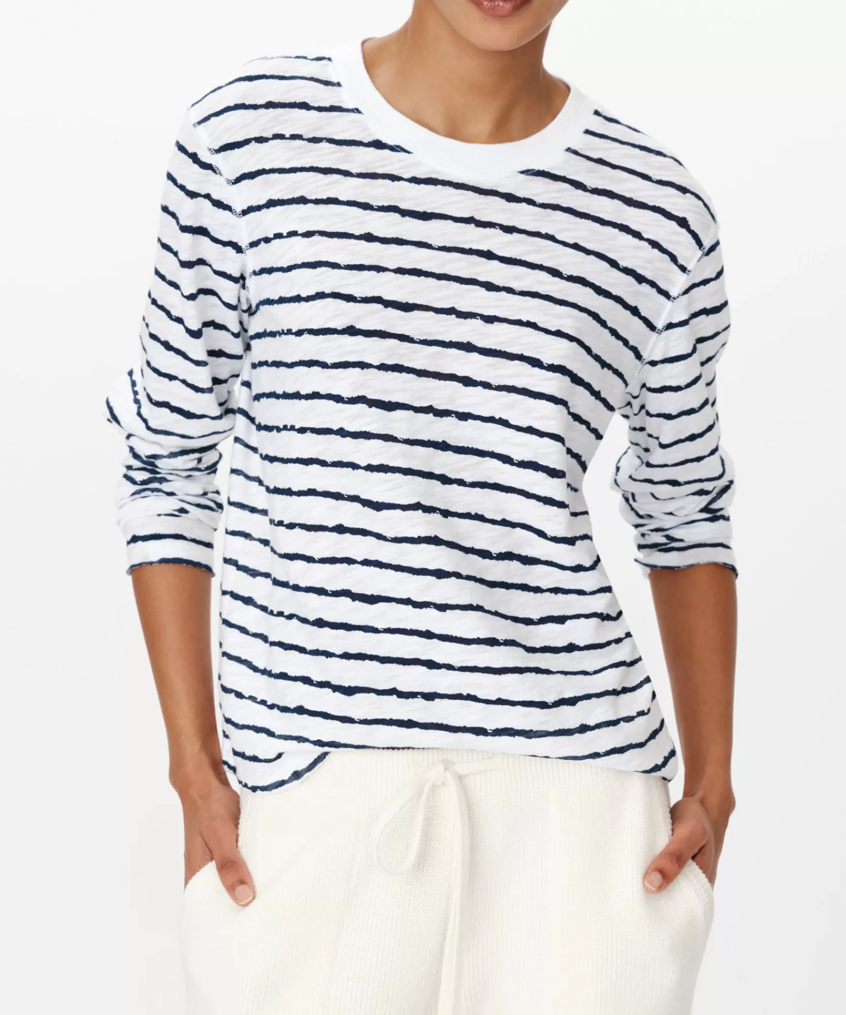 Women ATM Anthony Thomas Melillo Tops & Jersey Shirts | T-Shirts | Slub Jersey With Stripe Long Sleeve Destroyed Wash Crop Tee -