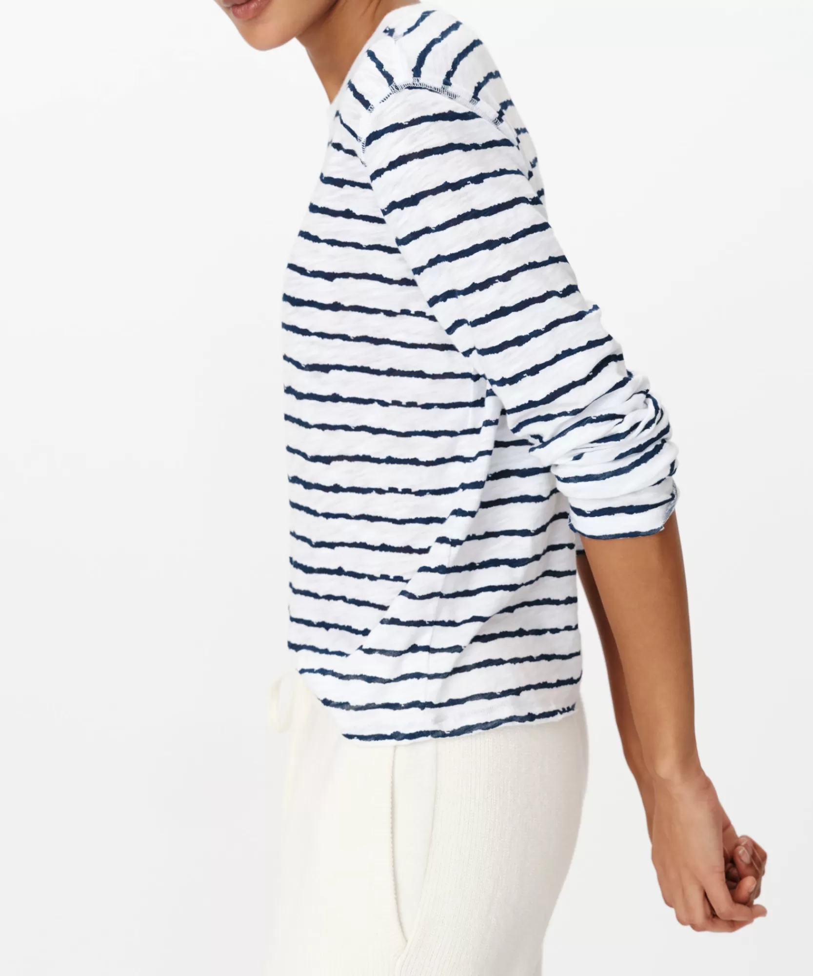 Women ATM Anthony Thomas Melillo Tops & Jersey Shirts | T-Shirts | Slub Jersey With Stripe Long Sleeve Destroyed Wash Crop Tee -