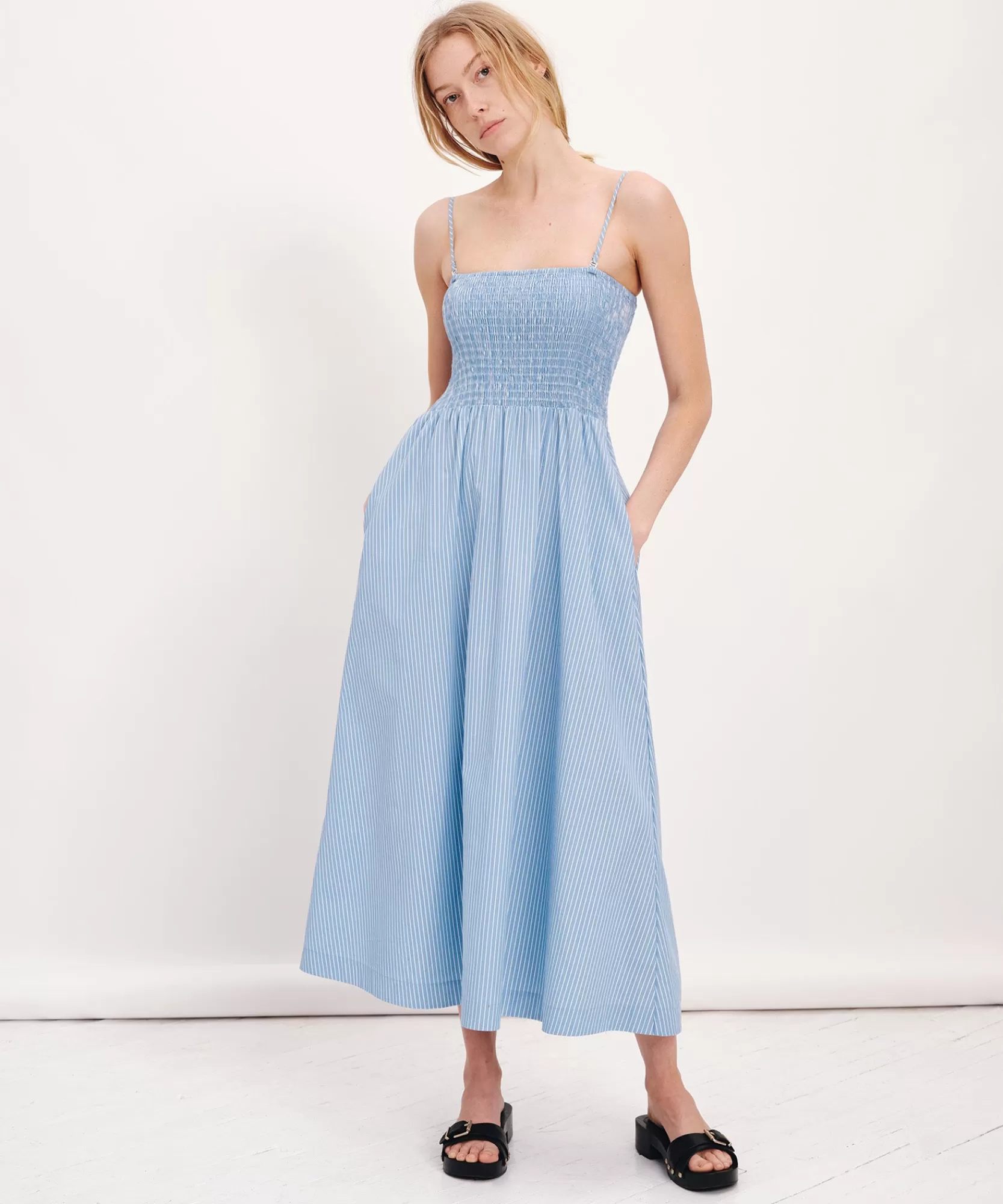 Women ATM Anthony Thomas Melillo Dresses | Superfine Twill Stripe Smocked Dress -